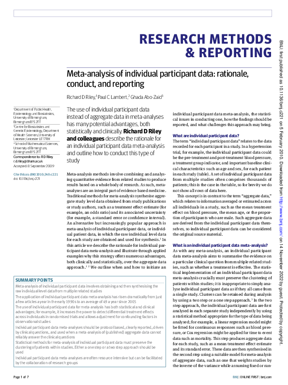 (PDF) Meta-analysis of individual participant data: rationale, conduct ...