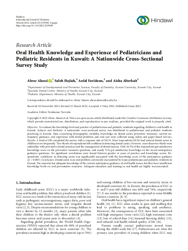 (PDF) Oral Health Knowledge and Experience of Pediatricians and ...