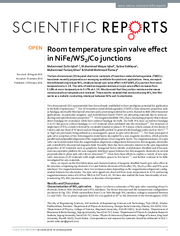 (PDF) Room temperature spin valve effect in NiFe/WS2/Co junctions