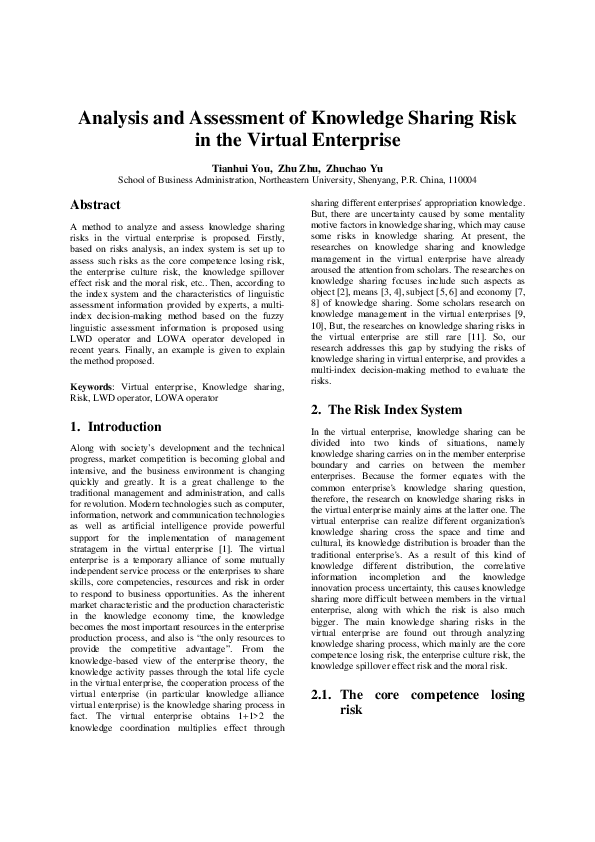 (PDF) Analysis and Assessment of Knowledge Sharing Risk in the Virtual ...