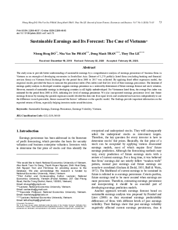 (PDF) Sustainable Earnings and Its Forecast: The Case of Vietnam