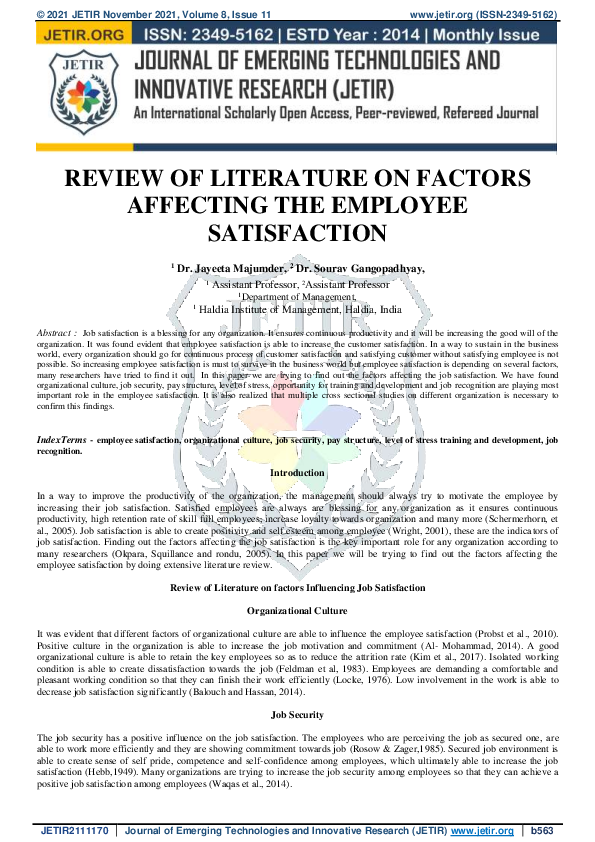 (PDF) Review of Literature on Factors Affecting the Employee Satisfaction