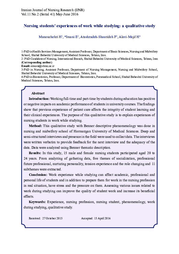(PDF) Nursing students' experiences of work while studying: a ...