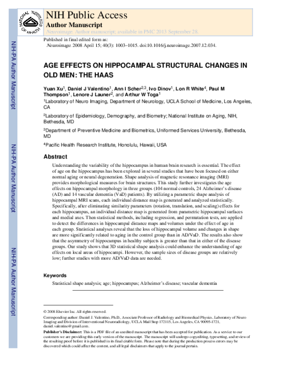 (PDF) Age effects on hippocampal structural changes in old men: The HAAS