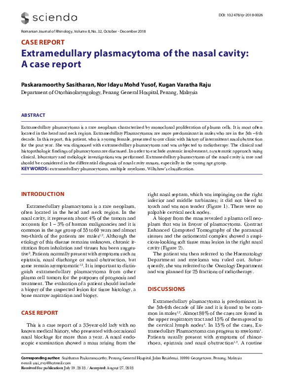 (PDF) Extramedullary plasmacytoma of the nasal cavity: A case report