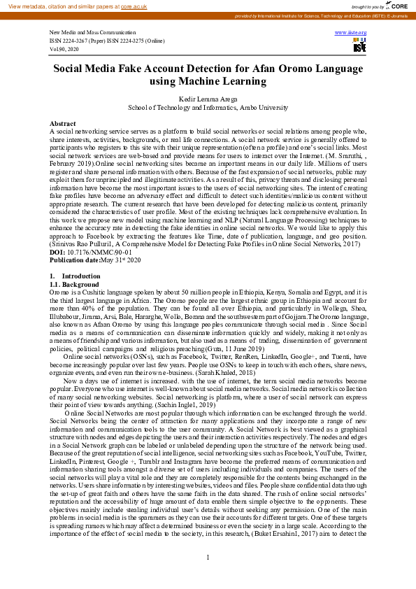 (PDF) Social Media Fake Account Detection for Afan Oromo Language using ...