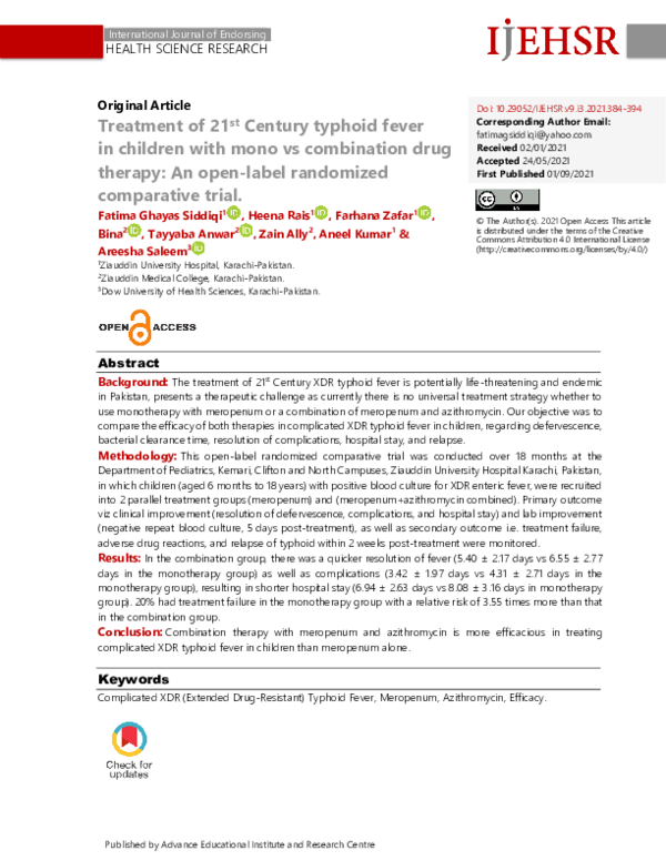 (PDF) Treatment of 21st-Century typhoid fever in children; open-label ...