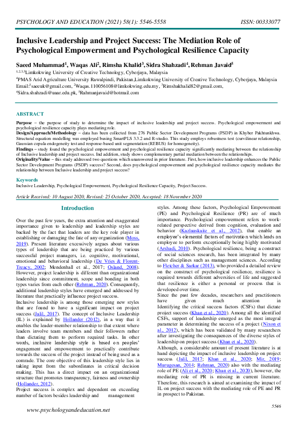 (PDF) Inclusive Leadership and Project Success: The Mediation Role of ...