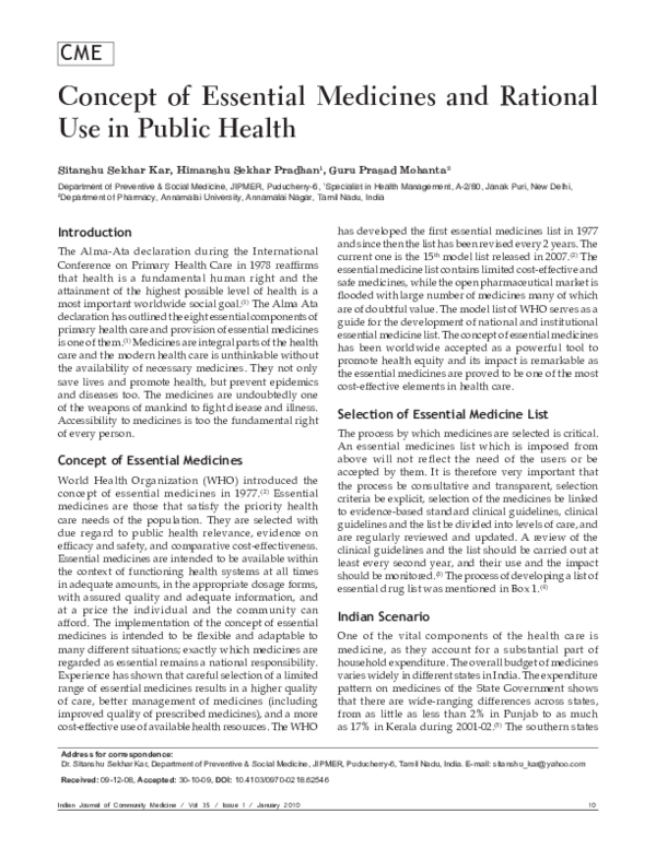 (PDF) Concept of essential medicines and rational use in public health