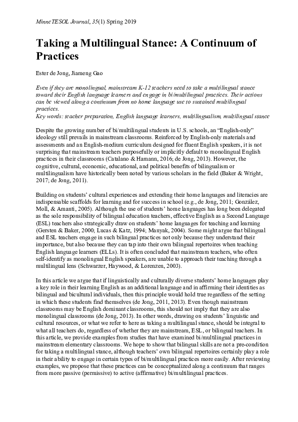 (PDF) Taking a Multilingual Stance: A Continuum of Practices