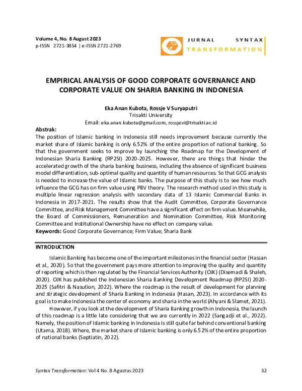 (PDF) Empirical Analysis of Good Corporate Governance and Firm Value on ...