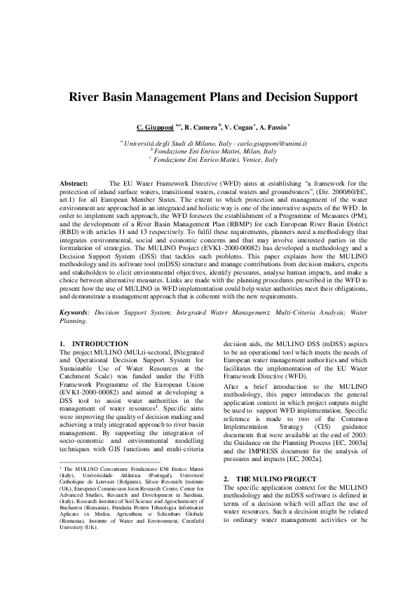 (PDF) River Basin Management Plans and Decision Support