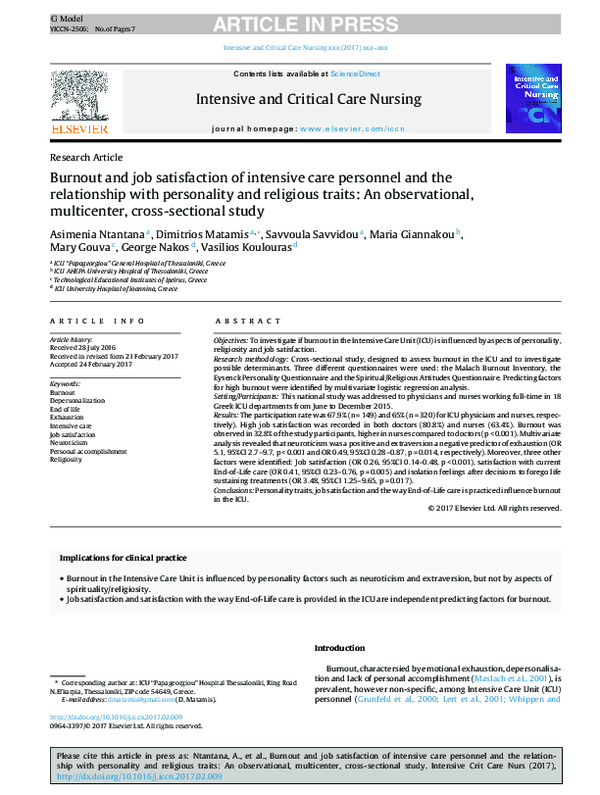 (PDF) Burnout and job satisfaction of intensive care personnel and the ...