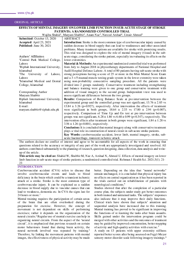 (PDF) Effects of mental imagery on lower limb function in sub-acute ...