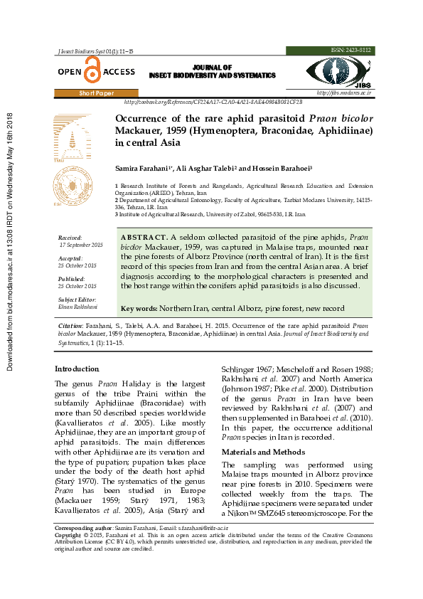 (PDF) JOURNAL OF INSECT BIODIVERSITY AND SYSTEMATICS Occurrence of the ...