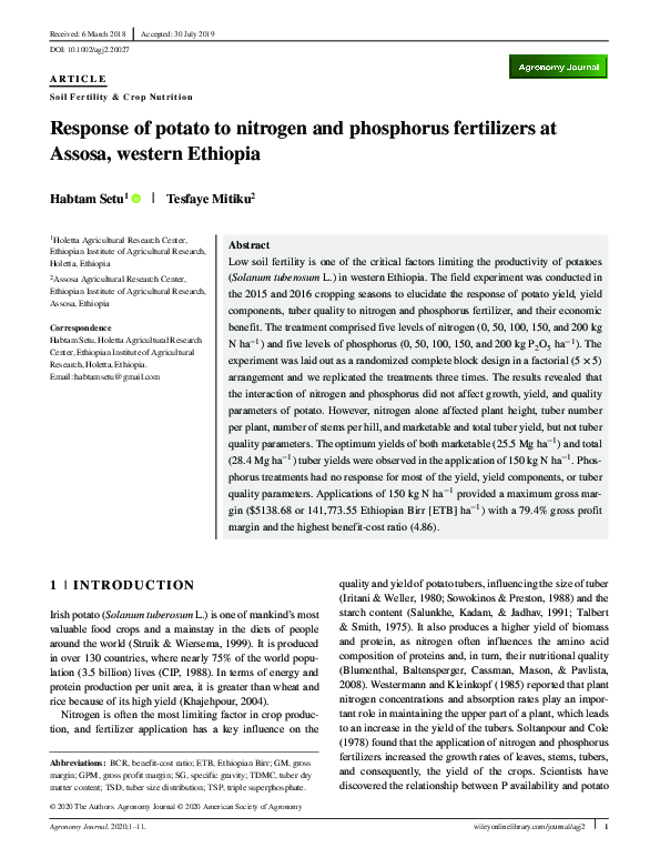 (PDF) Response of potato to nitrogen and phosphorus fertilizers at ...