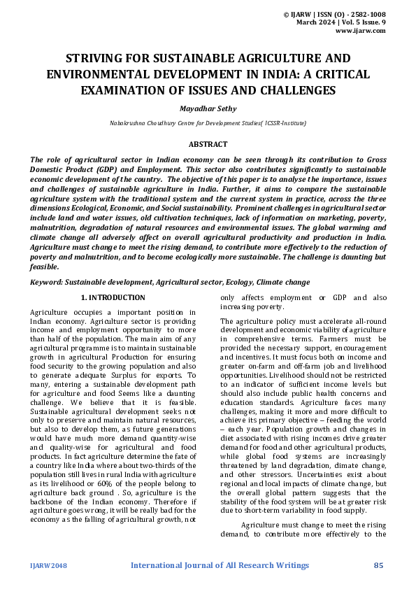 (PDF) STRIVING FOR SUSTAINABLE AGRICULTURE AND ENVIRONMENTAL ...