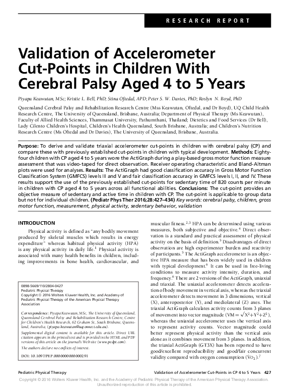 (PDF) Validation of Accelerometer Cut-Points in Children With Cerebral ...