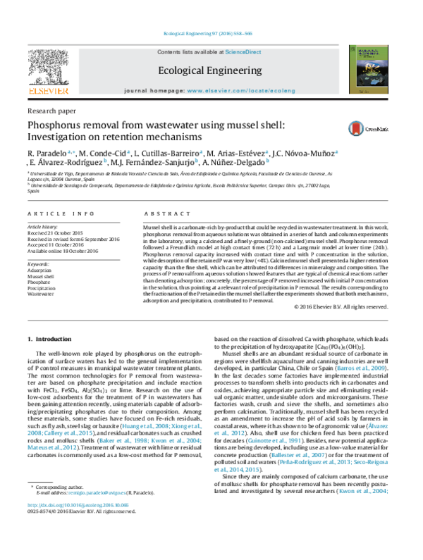 (PDF) Phosphorus removal from wastewater using mussel shell ...