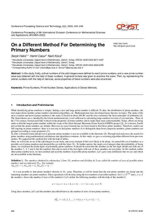(PDF) On a Different Method For Determining the Primary Numbers