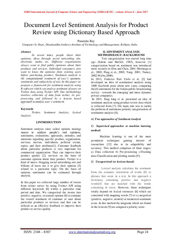 (PDF) Document Level Sentiment Analysis for Product Review using ...