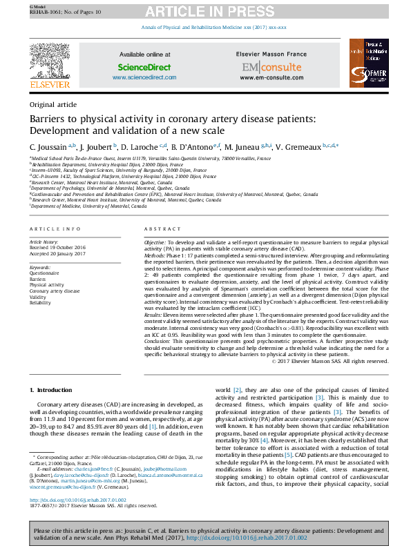 (PDF) Barriers to physical activity in coronary artery disease patients ...