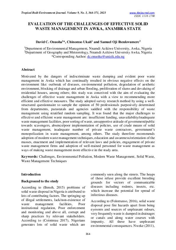 (PDF) EVALUATION OF THE CHALLENGES OF EFFECTIVE SOLID WASTE MANAGEMENT ...