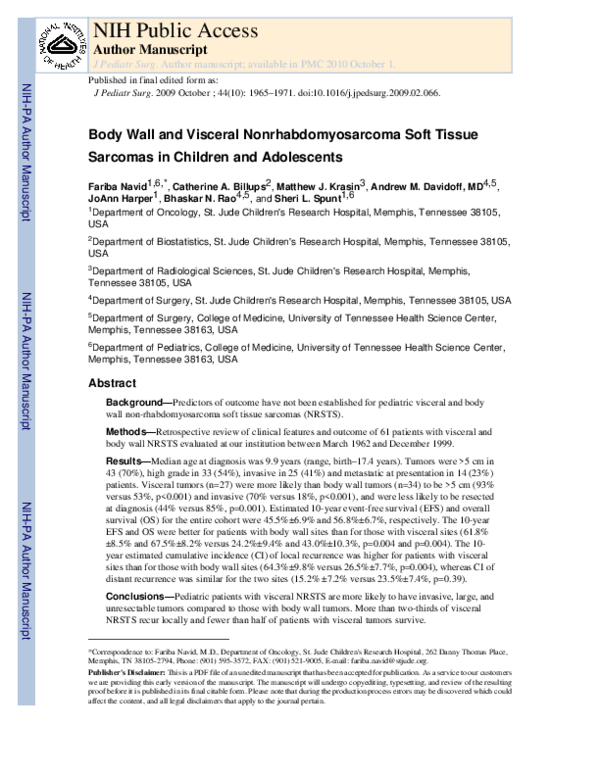 Body wall and visceral nonrhabdomyosarcoma soft tissue sarcomas in children and adolescents
