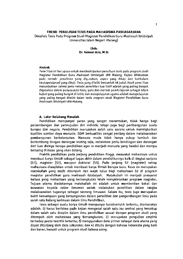Pdf Trend Penulisan Tesis Pada Mahasiswa Pascasarjana Analisis Tesis