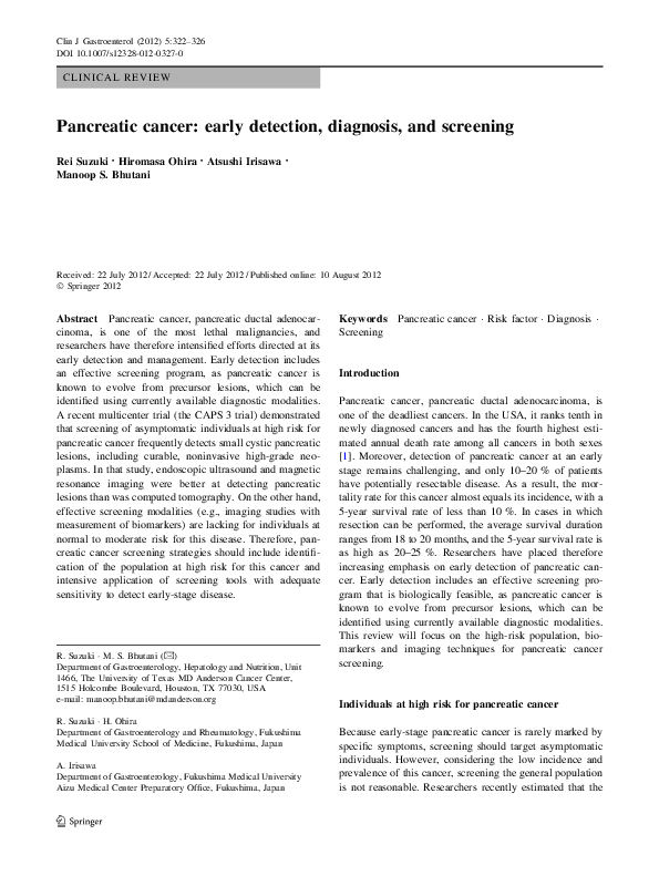 (PDF) Pancreatic cancer: early detection, diagnosis, and screening