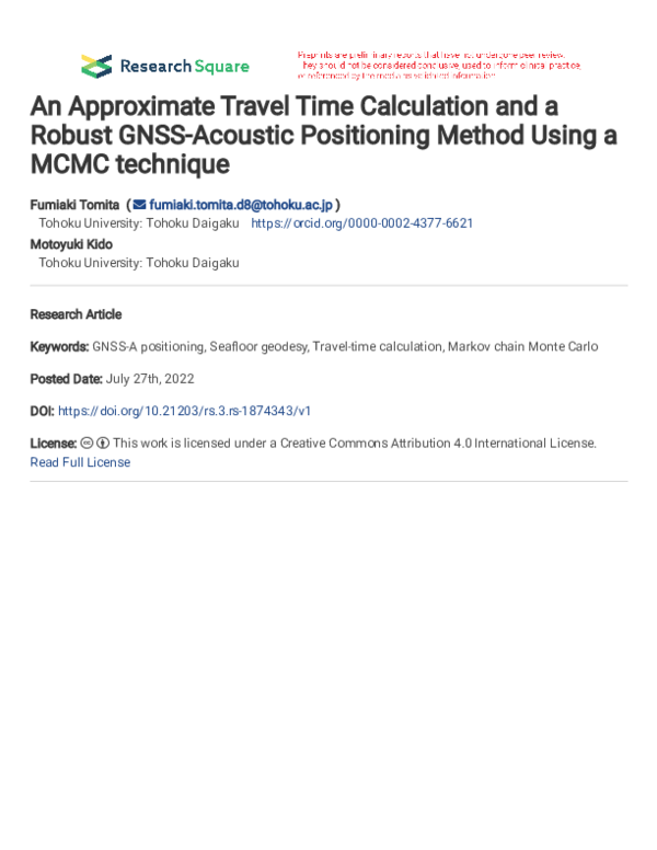 (PDF) An Approximate Travel Time Calculation and a Robust GNSS-Acoustic ...