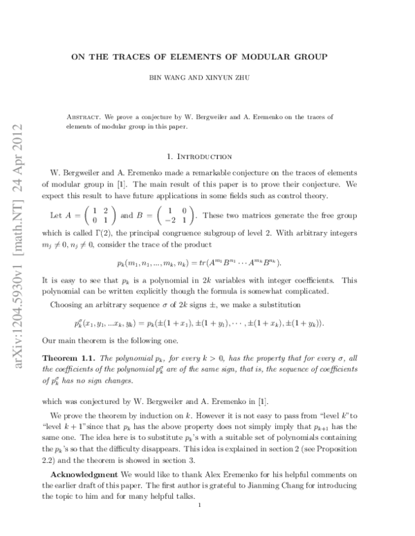 (PDF) On the traces of elements of modular group