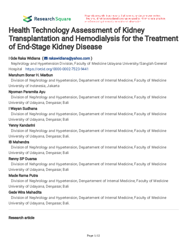 (PDF) Health technology assessment of kidney transplantation and ...