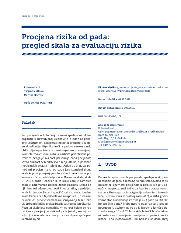 (PDF) Procjena rizika od pada: pregled skala za evaluaciju rizika