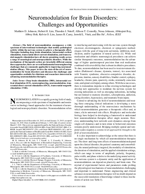 (PDF) Neuromodulation for Brain Disorders: Challenges and Opportunities