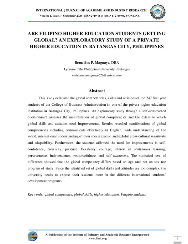 (PDF) Are Filipino Higher Education Students Getting Global? An ...