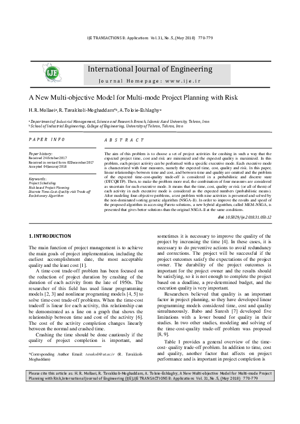 (PDF) A New Multi-objective Model for Multi-mode Project Planning with Risk