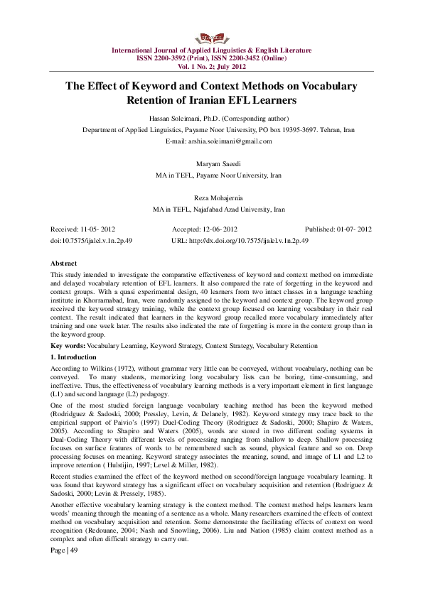(PDF) The Effect of Keyword and Context Methods on Vocabulary Retention ...