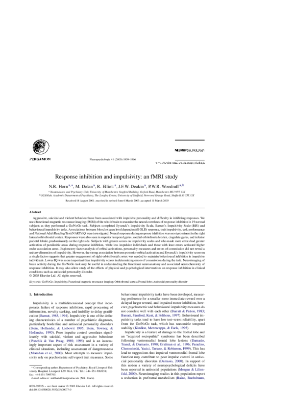 (PDF) Response inhibition and impulsivity: an fMRI study