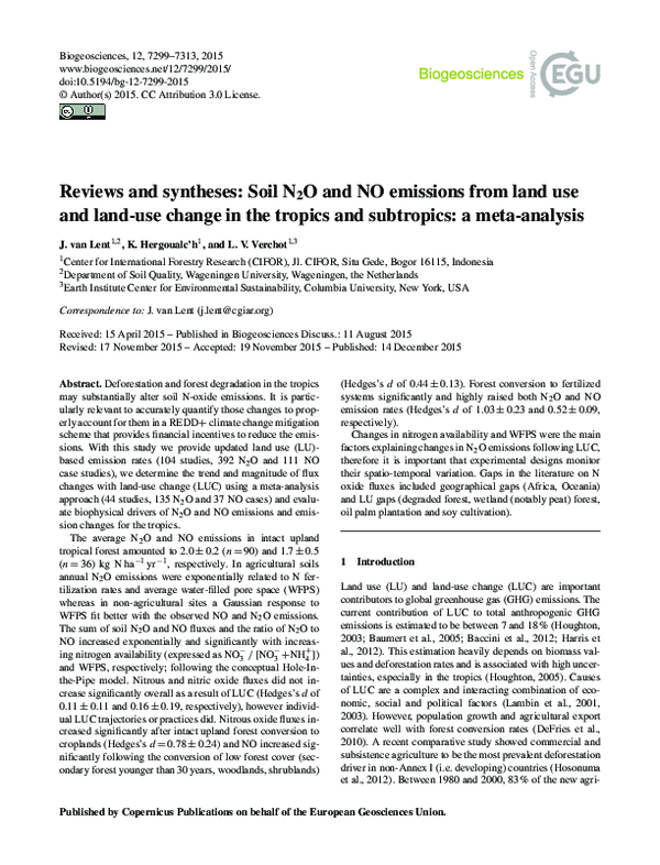 (PDF) Soil N 2 O and NO emissions from land use and land-use change in ...
