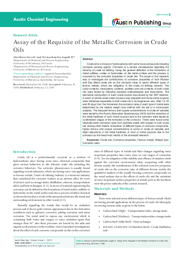 (PDF) Assay of the Requisite of the Metallic Corrosion in Crude Oils