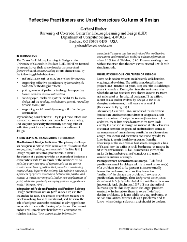 (PDF) Reflective practitioners and unselfconscious cultures of design