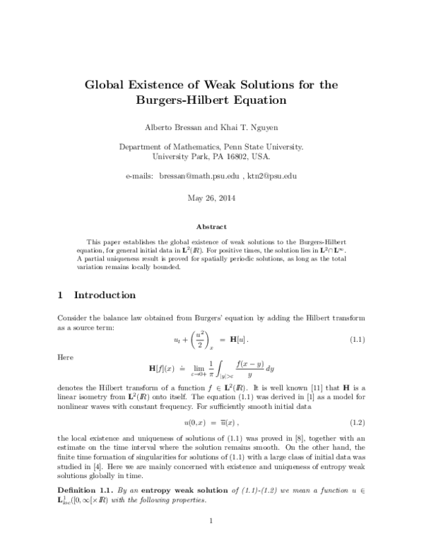 (PDF) Global Existence of Weak Solutions for the Burgers--Hilbert Equation