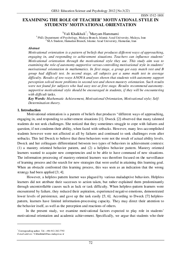 (PDF) Examining the Role of Teacher' Motivational Style in Students ...