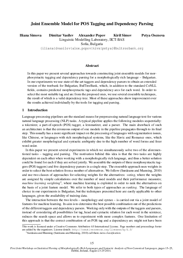 (PDF) Joint Ensemble Model for POS Tagging and Dependency Parsing