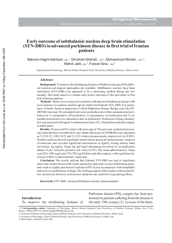 (PDF) Early outcome of subthalamic nucleus deep brain stimulation (STN ...