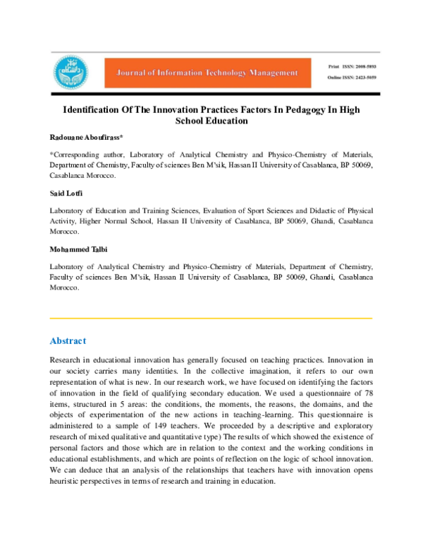 (PDF) Identification Of The Innovation Practices Factors In Pedagogy In ...