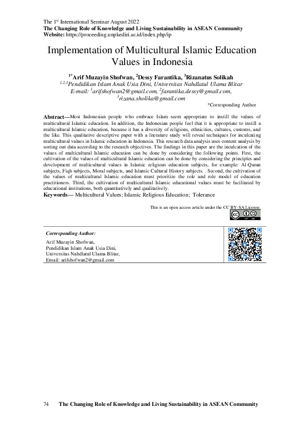 (PDF) Implementation of Multicultural Islamic Education Values in Indonesia
