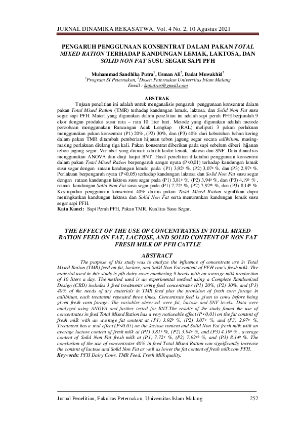 (PDF) Pengaruh Penggunaan Konsentrat Dalam Pakan Total Mixed Ration ...
