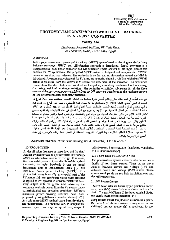 (PDF) Photovoltaic Maximum Power Point Tracking Using Sepic Converter
